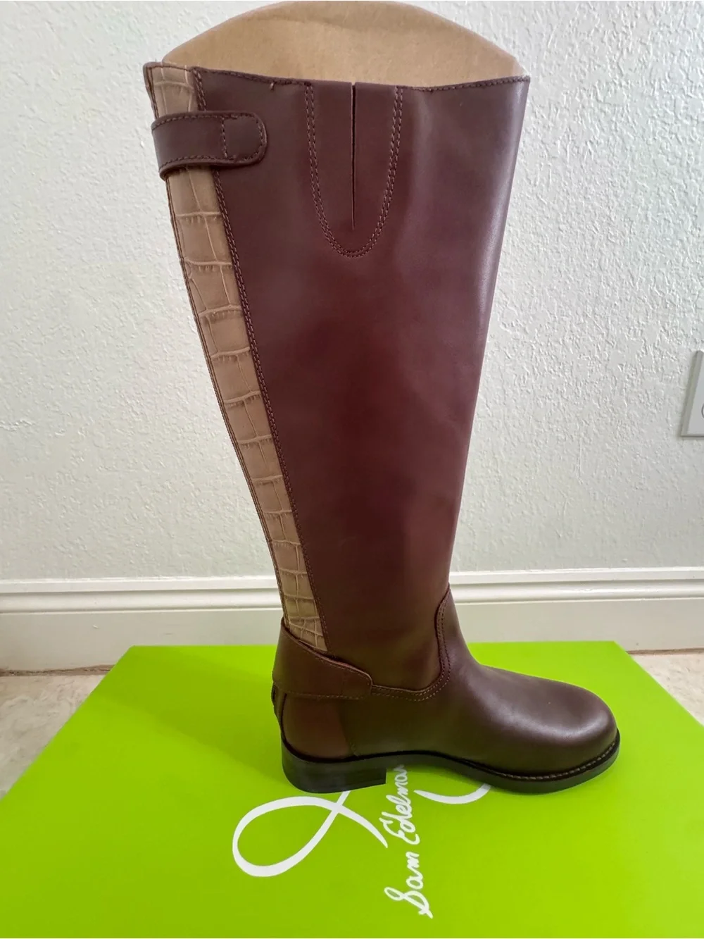 NIB Sam Edelman Sz 6 Mikala Terazzo Brown Leather Block Heel Riding Knee Boots